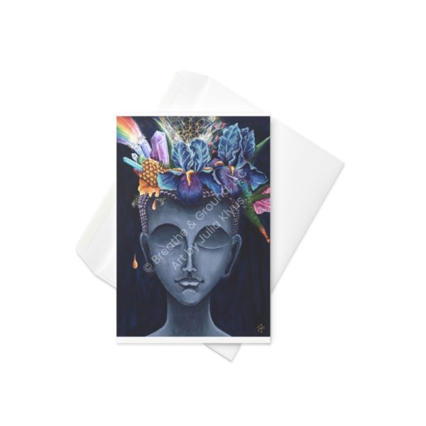 Premium 4"x6" greeting card with envelope titled Stone Buddha Head as part of the Buddha's Dream Collection by Julia Klyus