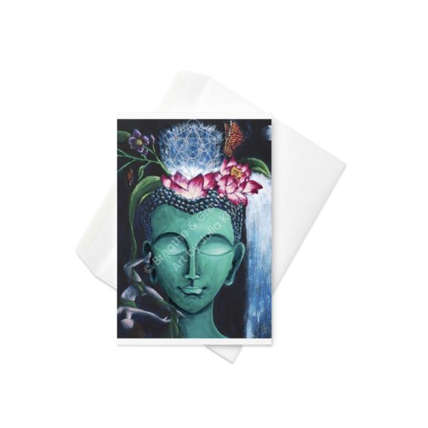 Premium 4"x6" greeting card with envelope titled Turquoise Buddha Head as part of the Buddha's Dream Collection by Julia Klyus