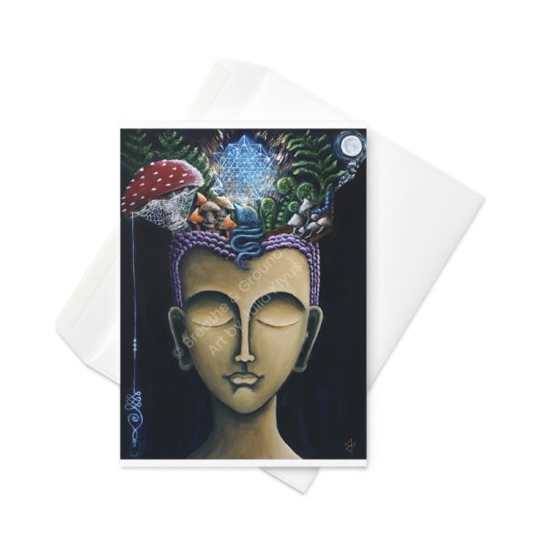 Premium 5"x7" greeting card with envelope titled Gold Buddha Head as part of the Buddha's Dream Collection by Julia Klyus