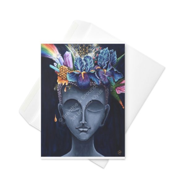 Premium 5"x7" greeting card with envelope titled Stone Buddha Head as part of the Buddha's Dream Collection by Julia Klyus