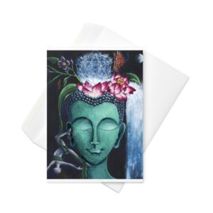Premium 5"x7" greeting card with envelope titled Turquoise Buddha Head as part of the Buddha's Dream Collection by Julia Klyus