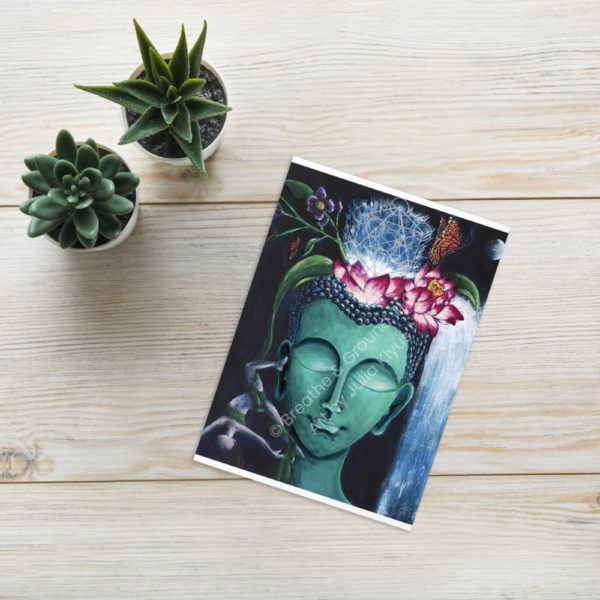 Premium 5"x7" greeting card front titled Turquoise Buddha Head as part of the Buddha's Dream Collection by Julia Klyus