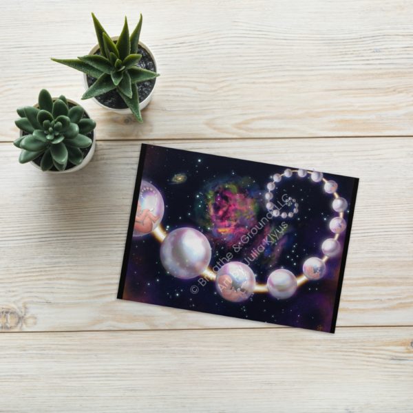 Premium 5"x7" greeting card front titled Indra's Pearls Pink as part of the Golden Spiral Collection by Julia Klyus