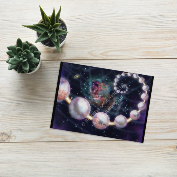 Premium 5"x7" greeting card front titled Indra's Pearls Purple as part of the Golden Spiral Collection by Julia Klyus