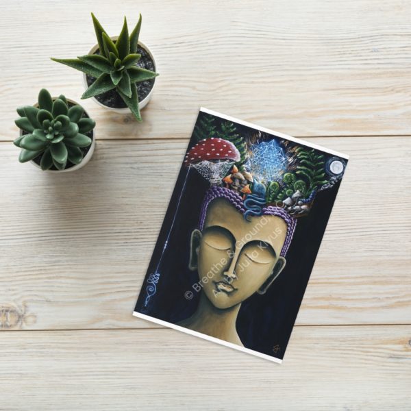 Premium 5"x7" greeting card front titled Gold Buddha Head as part of the Buddha's Dream Collection by Julia Klyus