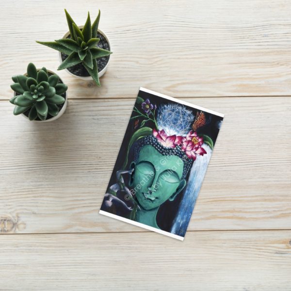 Premium 4"x6" greeting card front titled Turquoise Buddha Head as part of the Buddha's Dream Collection by Julia Klyus